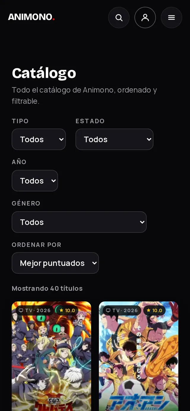 Pantalla de catálogo de la app: el título «Catálogo», los filtros de tipo, estado, año, género y orden, y la rejilla de pósters con las notas.