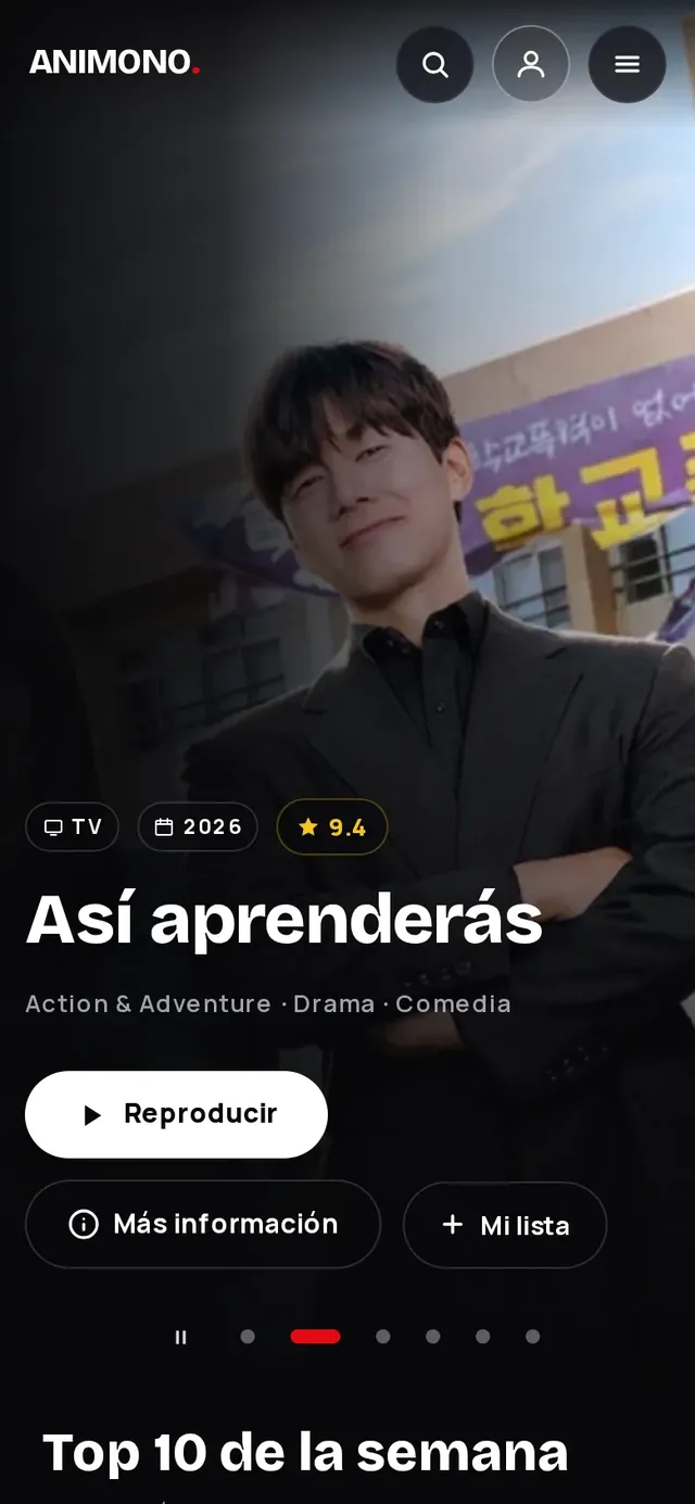 Portada de Animono dentro de la app: el cartel destacado de un título, sus botones de reproducir y añadir a la lista, y la fila del Top 10 debajo.