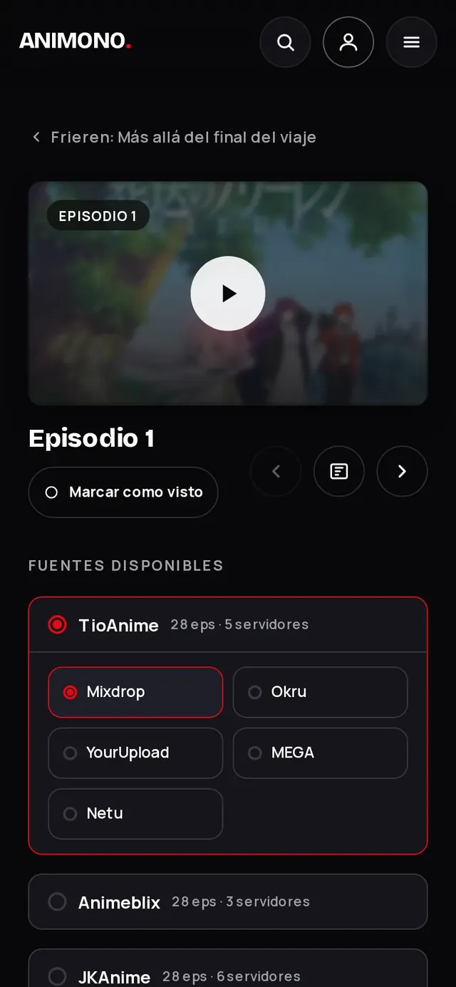 Reproductor de la app con un episodio cargado, la lista de fuentes disponibles y los servidores de cada una debajo.